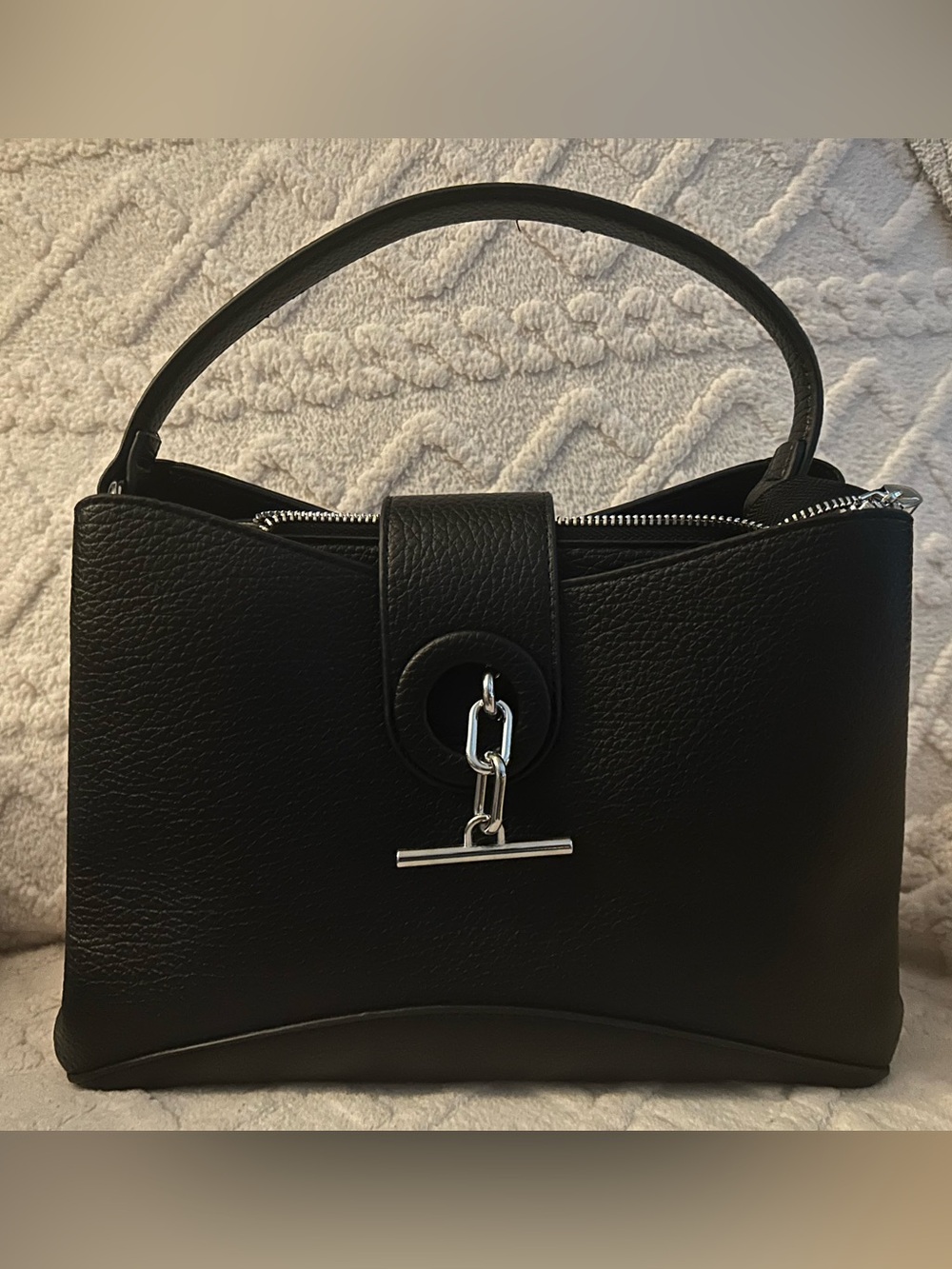 Gorgeous Soft Black Pebbled Leather Shoulder Bag with Silver Hardware
